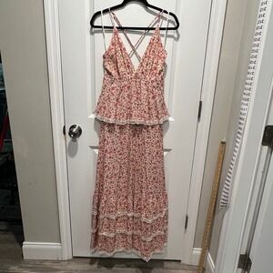 Aakaa Womens Floral Tiered Lace Trim Maxi Dress Pink Tan Size L